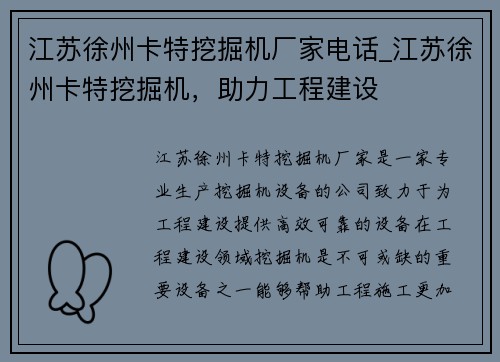 江苏徐州卡特挖掘机厂家电话_江苏徐州卡特挖掘机，助力工程建设